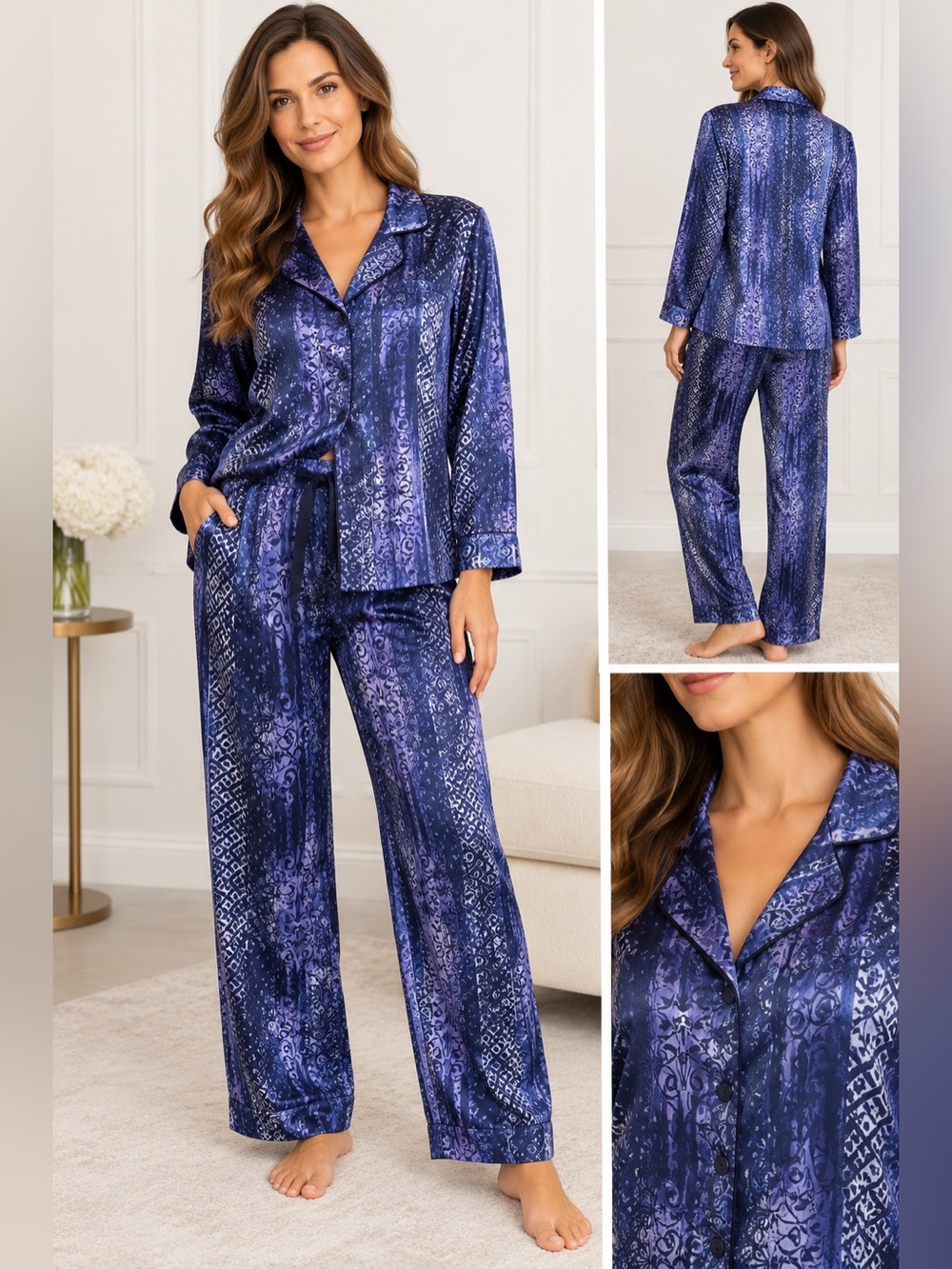 Women's Vintage Oscar De La Renta Pink Label Blue Purple Satin Pajama Set XL